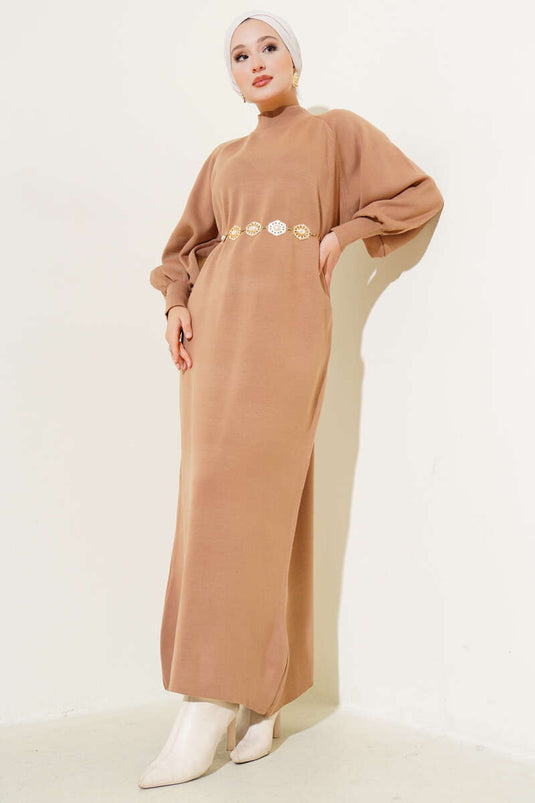 Robe en maille à manches ballon Camel