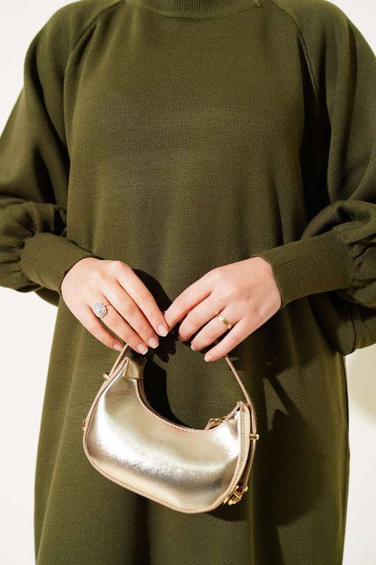 Robe en tricot à manches ballon kaki