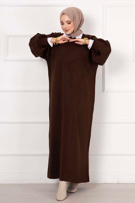Robe En Maille À Manches Ballon Marron