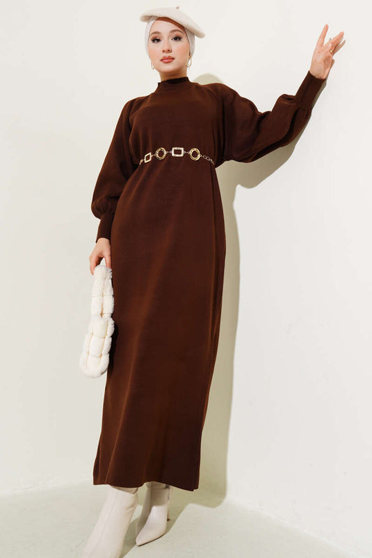 Robe En Maille Marron À Manches Ballon