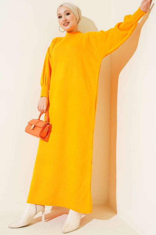 Balon Kol Triko Elbise Kehribar