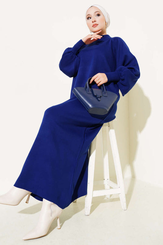 Robe En Maille À Manches Ballon Bleu Marine