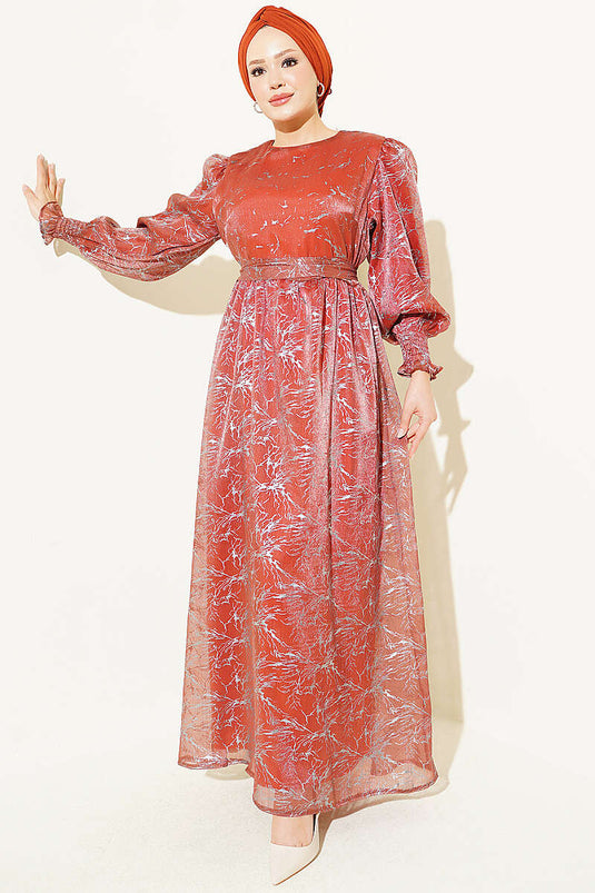 Robe De Soirée À Manches Ballon Et Embellissements Couleur Terre Cuite