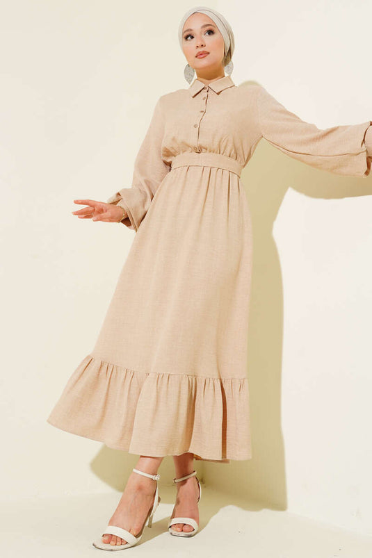 فستان بالون بأكمام نصفية وأزرار بلون الجمل