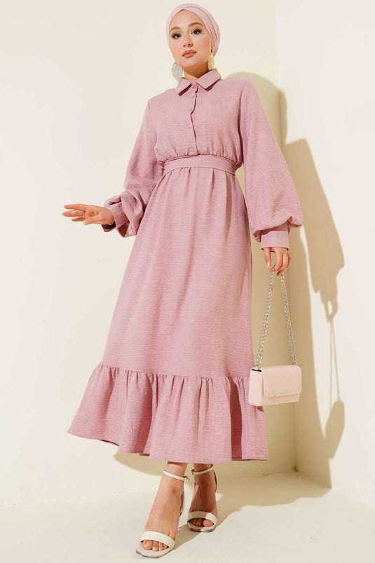 Balon Kol Yarım Düğmeli Elbise Pudra