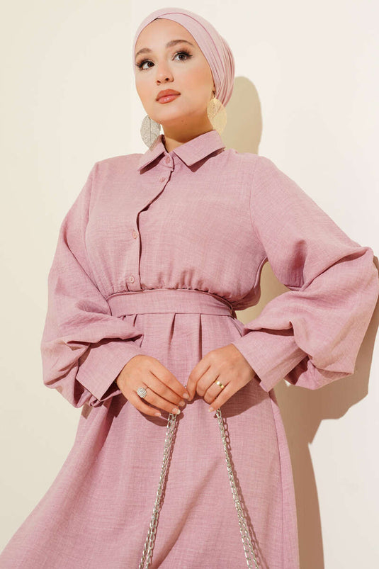 Balon Kol Yarım Düğmeli Elbise Pudra