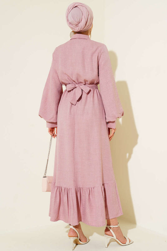Balon Kol Yarım Düğmeli Elbise Pudra