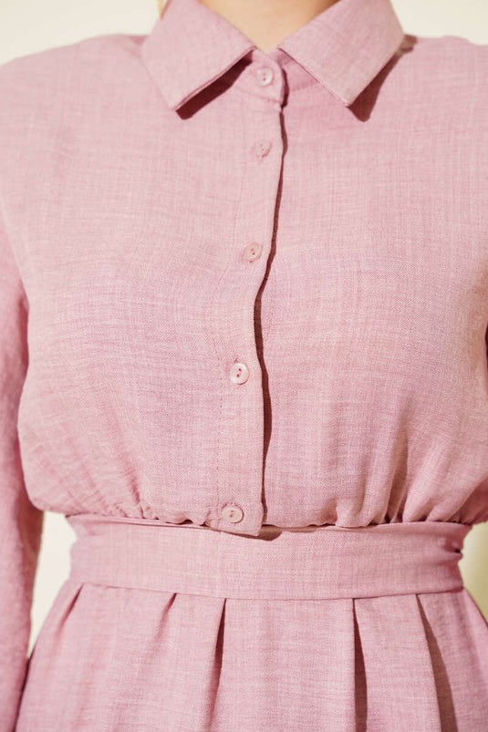 Balon Kol Yarım Düğmeli Elbise Pudra