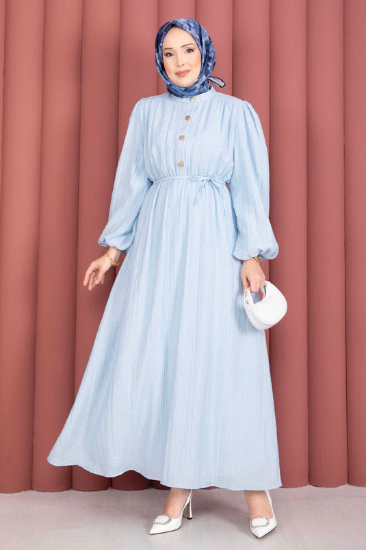 Robe modest fashion à manches ballon, demi-boutonnée, bleu bébé