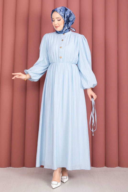 Robe modest fashion à manches ballon, demi-boutonnée, bleu bébé