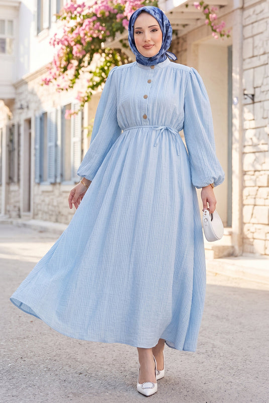 Ballonärmel Halbknopf Tesettür Kleid Babyblau
