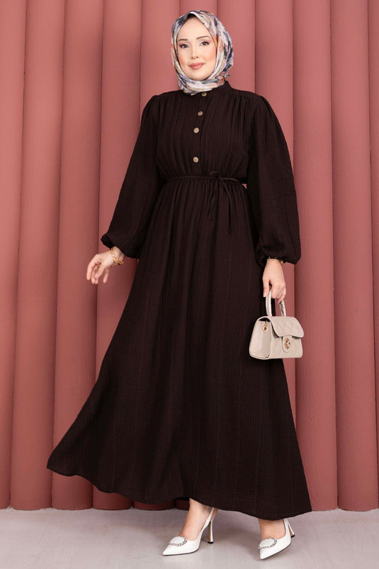 Balloon Sleeve Half-Button Modest Dress Brown