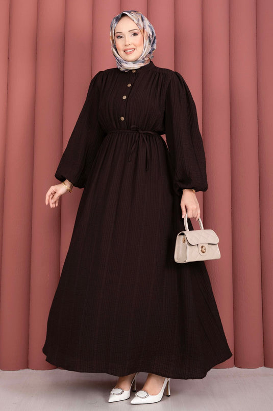 Balloon Sleeve Half-Button Modest Dress Brown