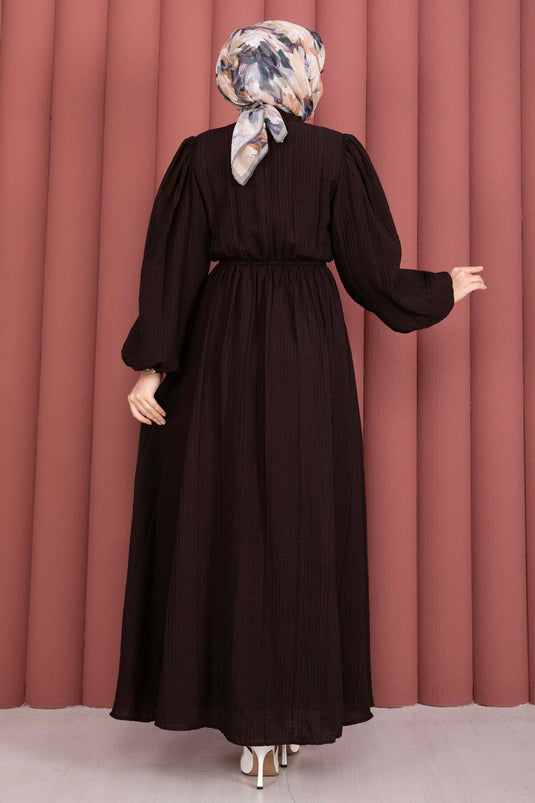 Balloon Sleeve Half-Button Modest Dress Brown