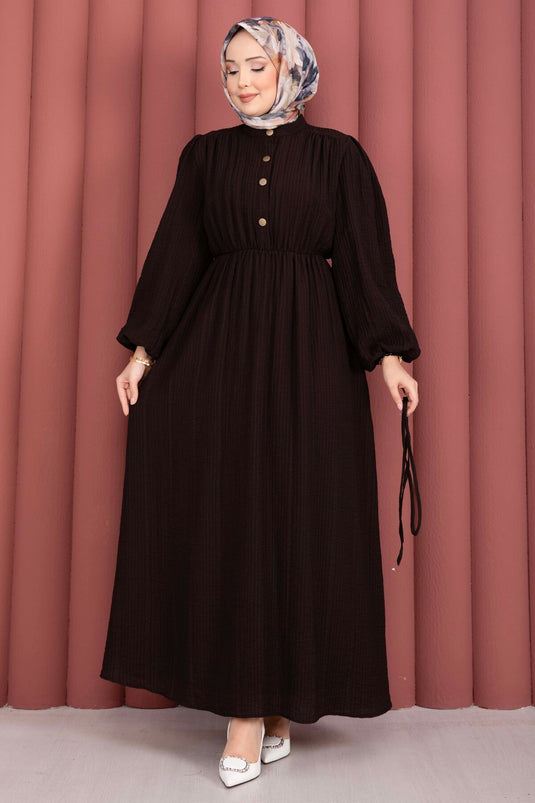 Balloon Sleeve Half-Button Modest Dress Brown