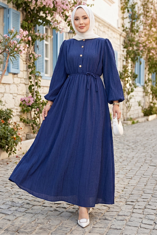 Ballonärmel Halbknopf Tesettür Kleid Marineblau