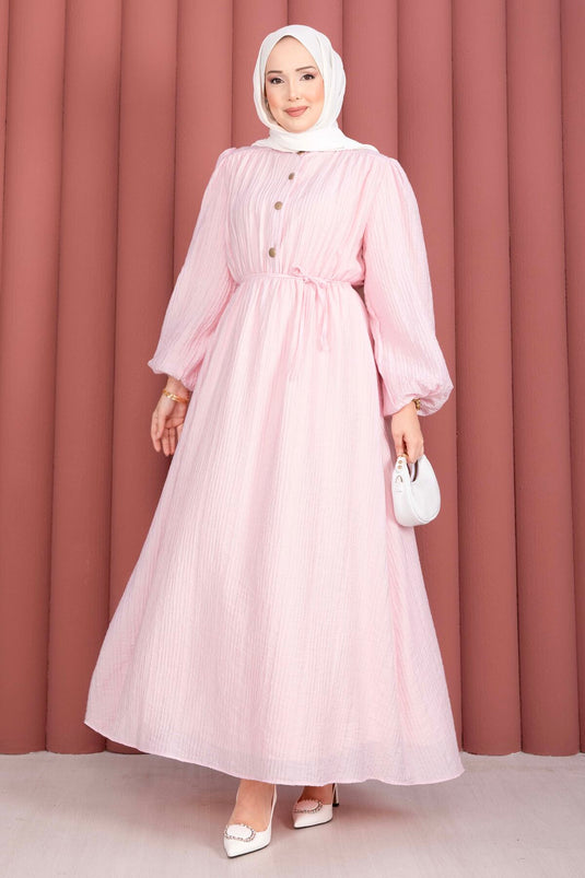 Ballonärmel Halbknopf Tesettür Kleid Rosa