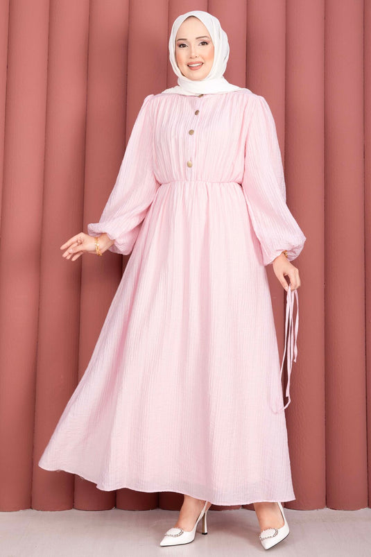 Ballonärmel Halbknopf Tesettür Kleid Rosa