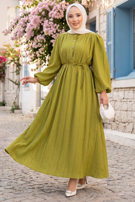 Robe modeste à manches ballon, demi-boutons, couleur vert olive
