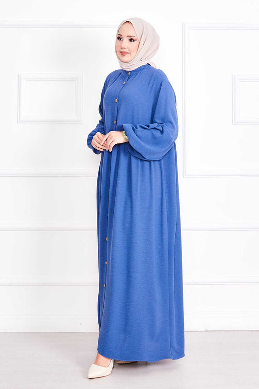Balloon Sleeve Buttoned Hijab Dress Indigo