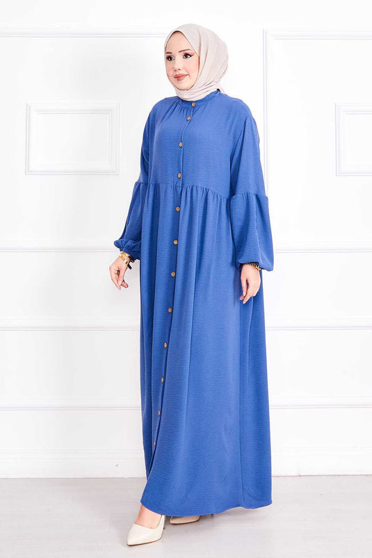 Balloon Sleeve Buttoned Hijab Dress Indigo