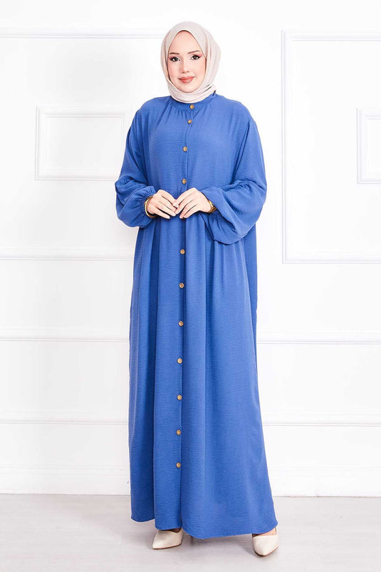 Balloon Sleeve Buttoned Hijab Dress Indigo