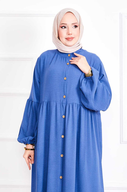 Balloon Sleeve Buttoned Hijab Dress Indigo