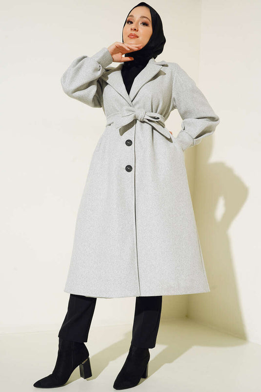 Balloon Sleeve Long Model Gray Cashmere Coat