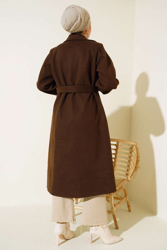 Manteau long en cachemire marron à manches ballon