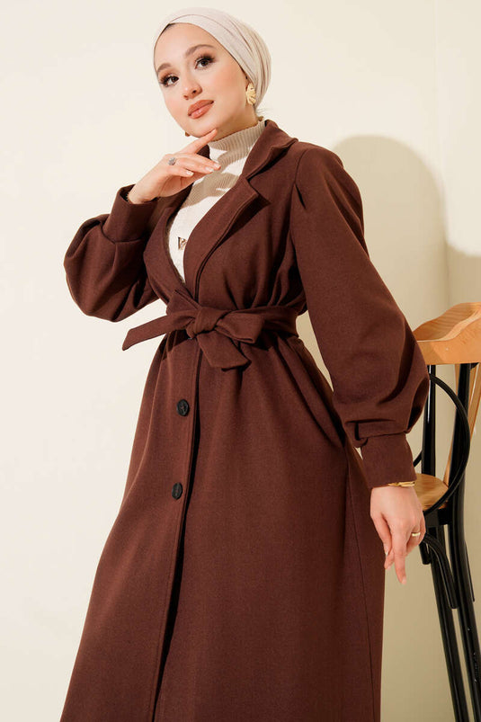 Balon Kollu Uzun Model Kestane Kaşe Kaban