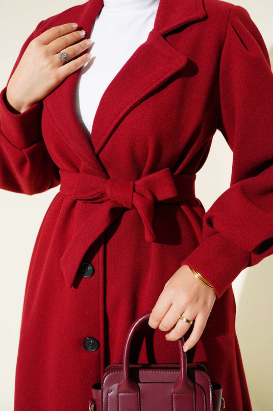 Balon Kollu Uzun Model Kırmızı Kaşe Kaban