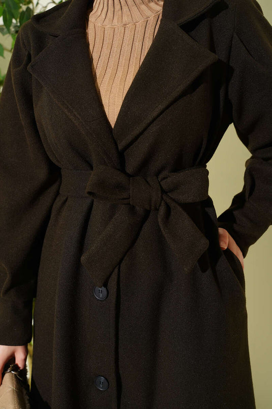 Manteau long en laine épaisse kaki foncé à manches ballon