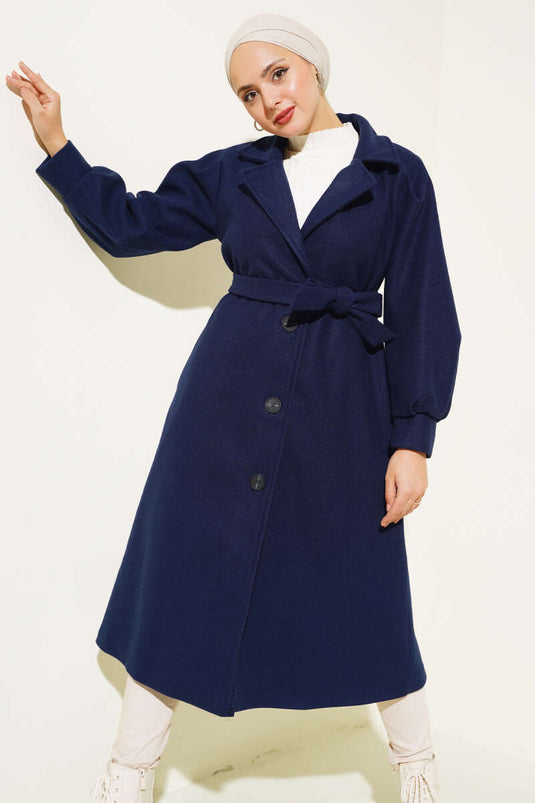 Manteau long en cachemire bleu marine à manches ballon