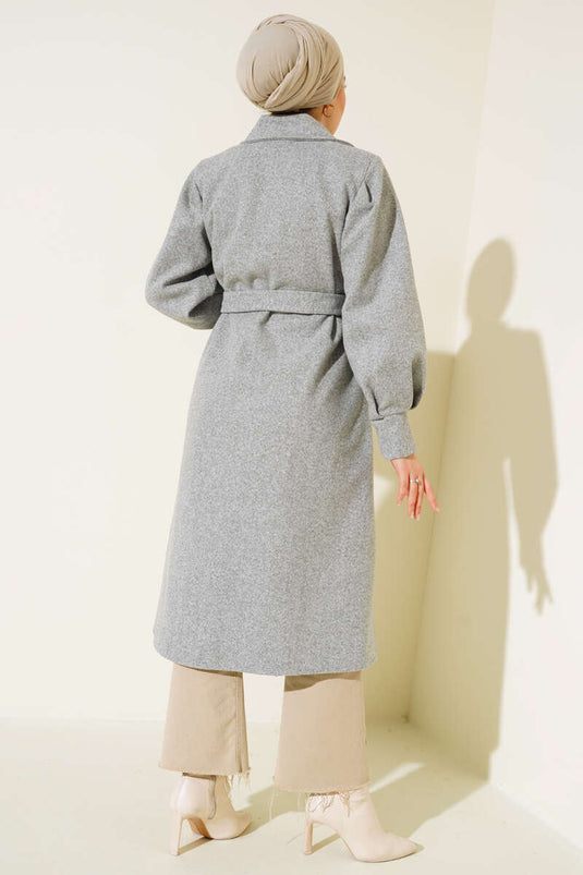 Balon Kollu Uzun Model Melanj Gri Kaşe Kaban