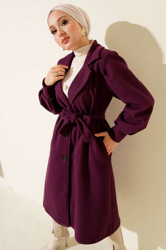 Balon Kollu Uzun Model Mor Kaşe Kaban