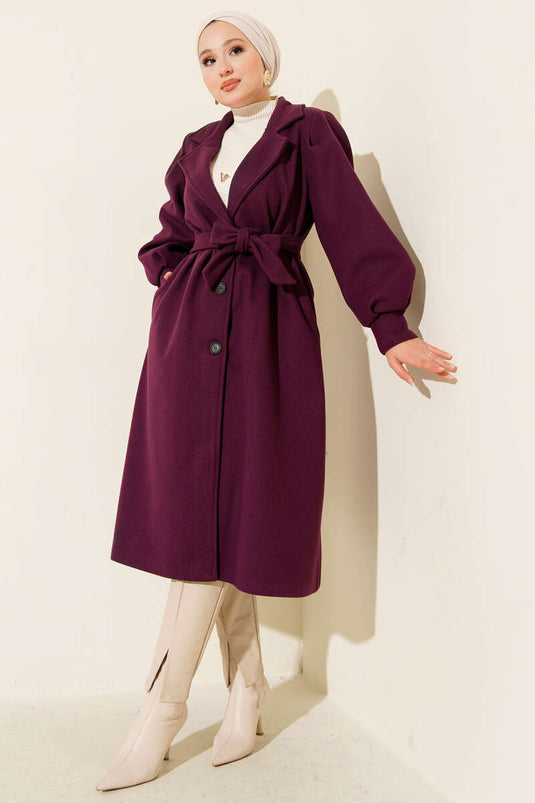 Balon Kollu Uzun Model Mor Kaşe Kaban