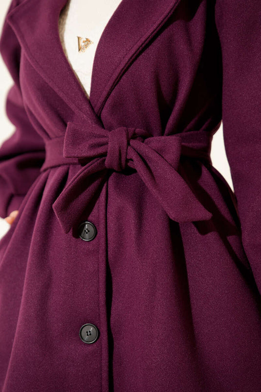 Balon Kollu Uzun Model Mor Kaşe Kaban