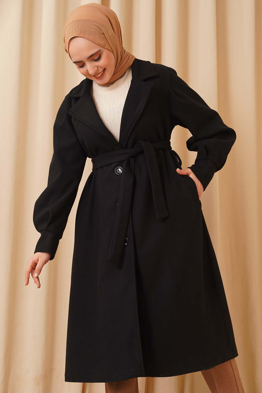 Balloon Sleeve Long Model Black Cashmere Coat