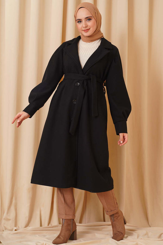 Manteau long en cachemire noir à manches ballon