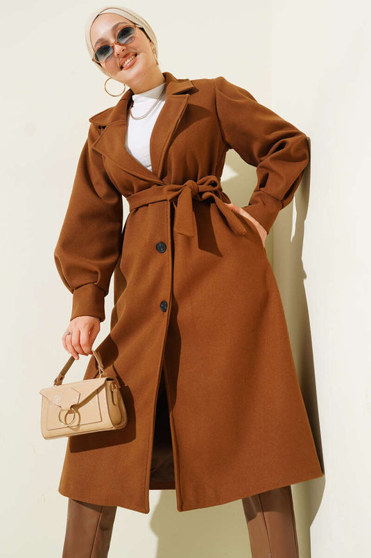 Balloon Sleeve Long Model Tan Cashmere Coat