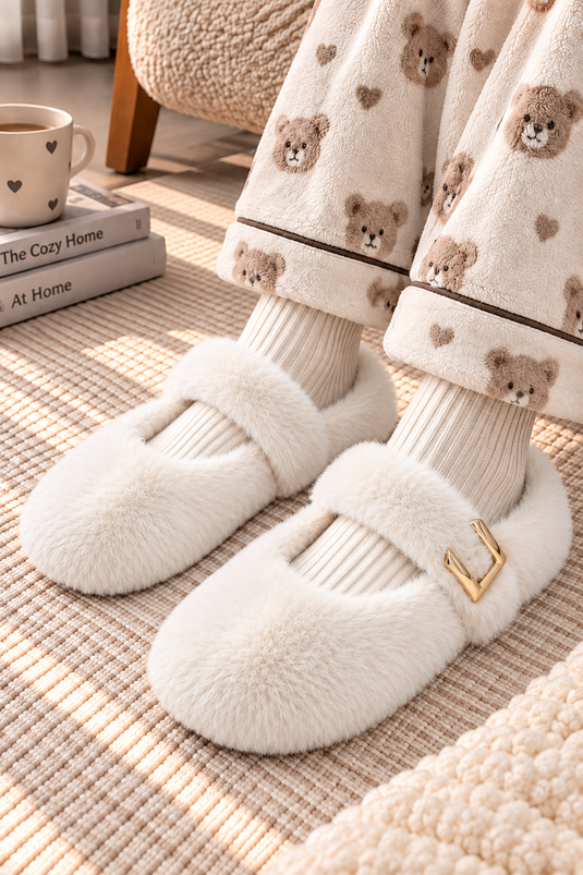 Belted Faux Fur House Slippers In Ecru