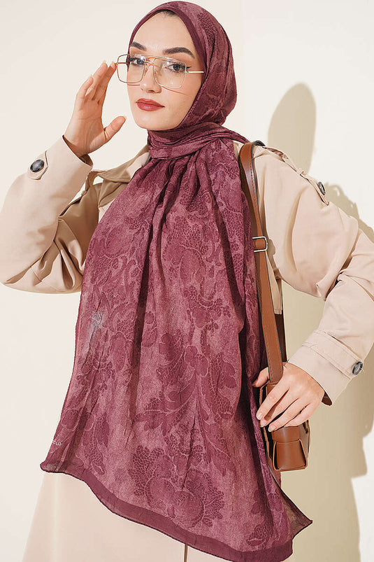 Barok Desen Bambu Kraş Şal Bordo