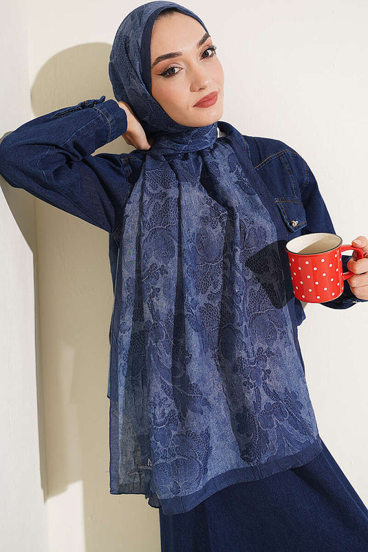Écharpe En Bambou À Motif Baroque Bleu Marine