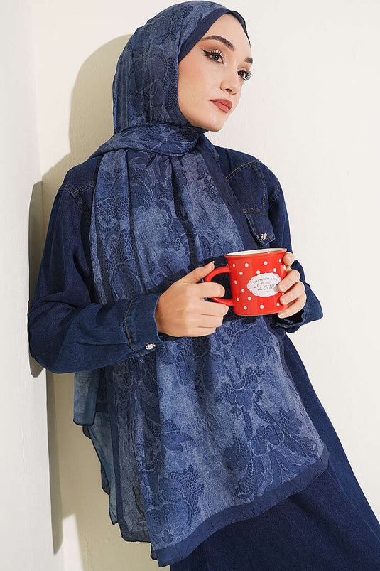 Écharpe En Bambou À Motif Baroque Bleu Marine