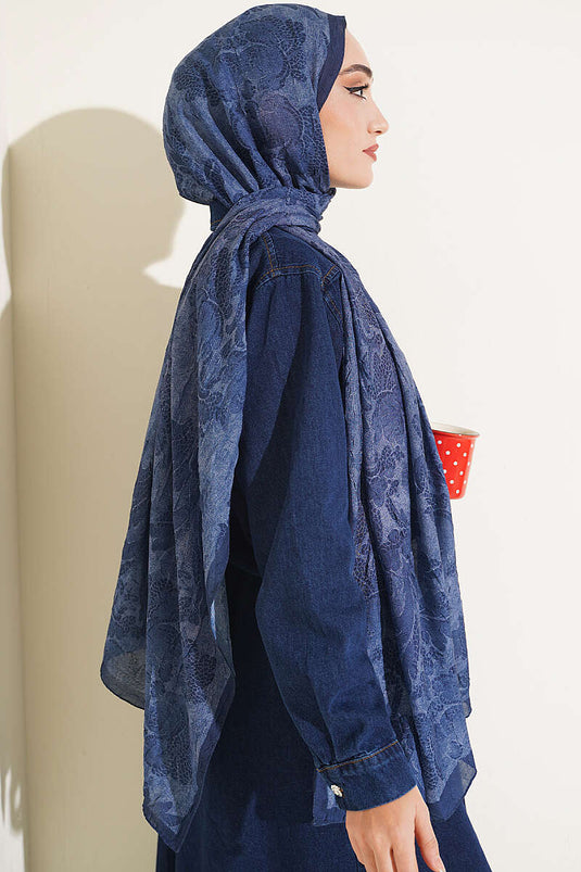 Écharpe En Bambou À Motif Baroque Bleu Marine