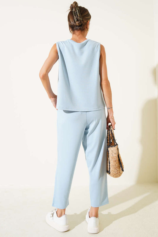 Basic-Zweiteiler mit Bluse mit elastischem Bund, Babyblau