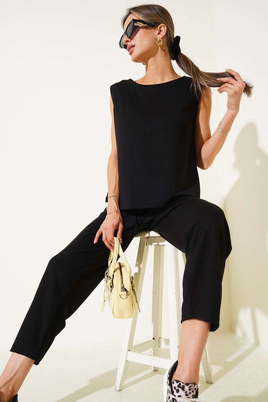 Basic Bel Lastikli Bluzlu İkili Takım Siyah