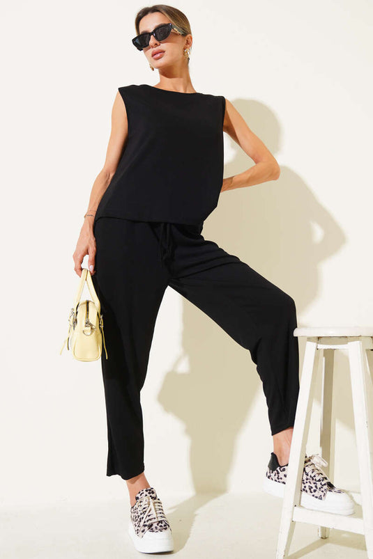 Zweiteiliges Basic-Set mit Bluse mit elastischem Bund, Schwarz