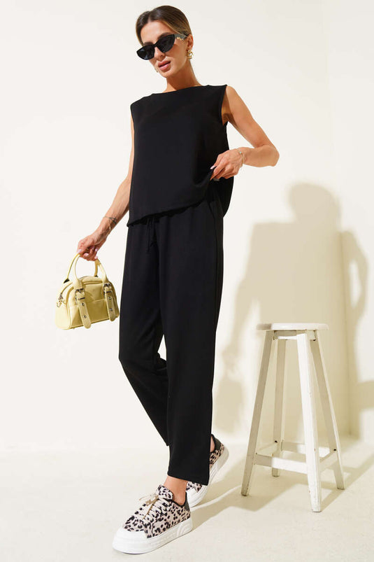 Zweiteiliges Basic-Set mit Bluse mit elastischem Bund, Schwarz