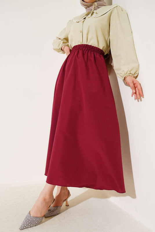 Basic Beli Lastikli Etek Bordo